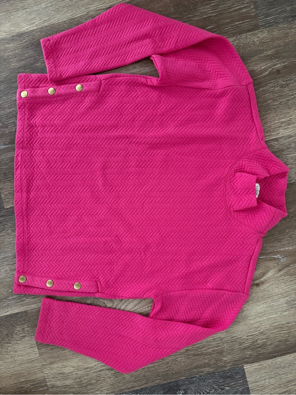 J. Crew Bright Pink Quilted Mock Neck Pullover with Gold Snap Details